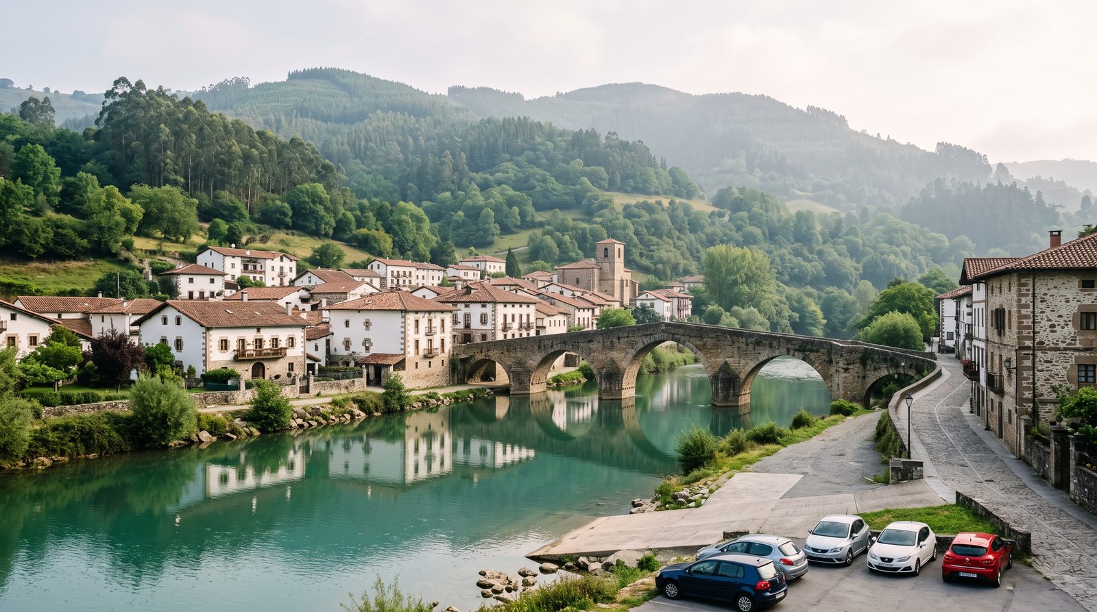 Arriondas, punto de salida del descenso del Sella, con el puente de piedra sobre el río y montañas verdes