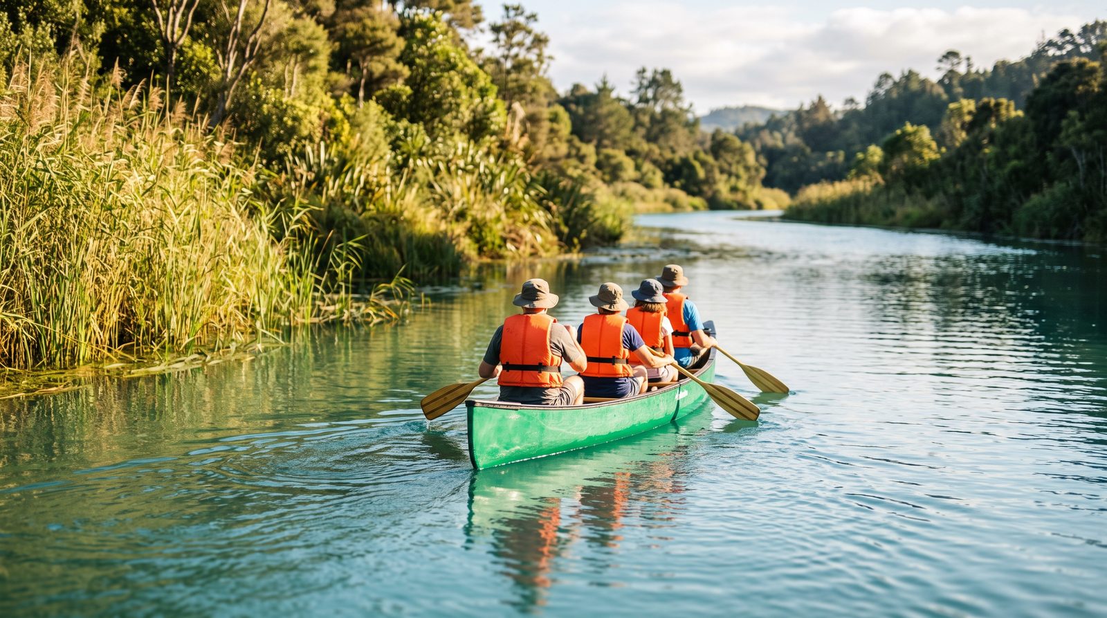 Canoa con cuatro personas remando en un tramo tranquilo del río Sella